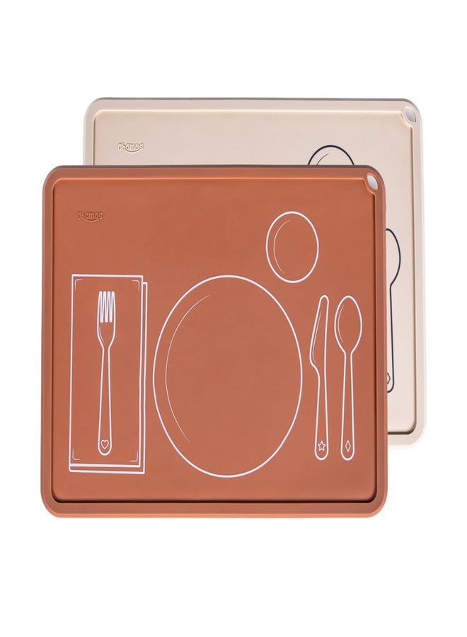 CHAMOS Montessori Placemat for Toddlers - Kids Silicone Mats for Dining Table - Set of 2 - Table Setting Learning (Clay and Beige) - Image 1